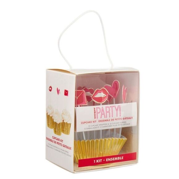 Cupcake Kit 12 Gold Wrappers & 12 Pink/Red Toppers Hearts Lips Envelopes NWT - Picture 2 of 7